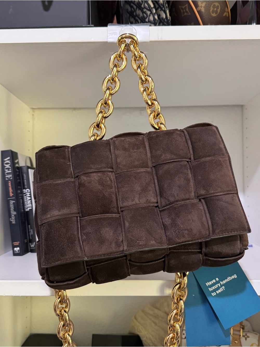 Bottega Veneta Dark Brown Suede Woven Shoulder Bag with Gold Chain